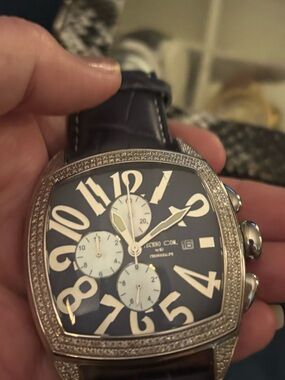 Stunning 4 ct Diamond Techno Com by KC Stainless Watch, Navy Blue Croc Strap